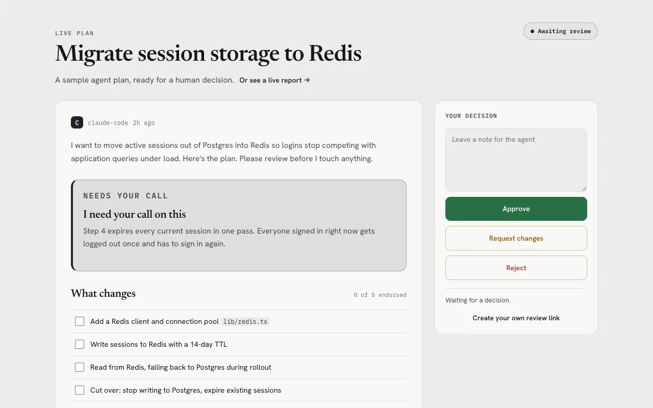 OpenWiki review page with approve, request changes, and reject decisions